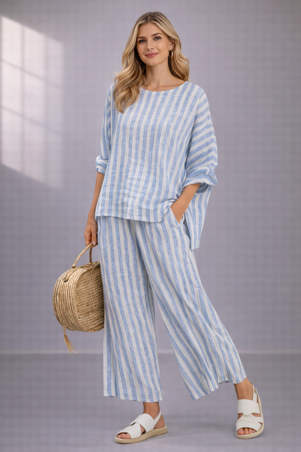 Rue | Top de Lino con Rayas Azules y Pantalones de Corte Relajado